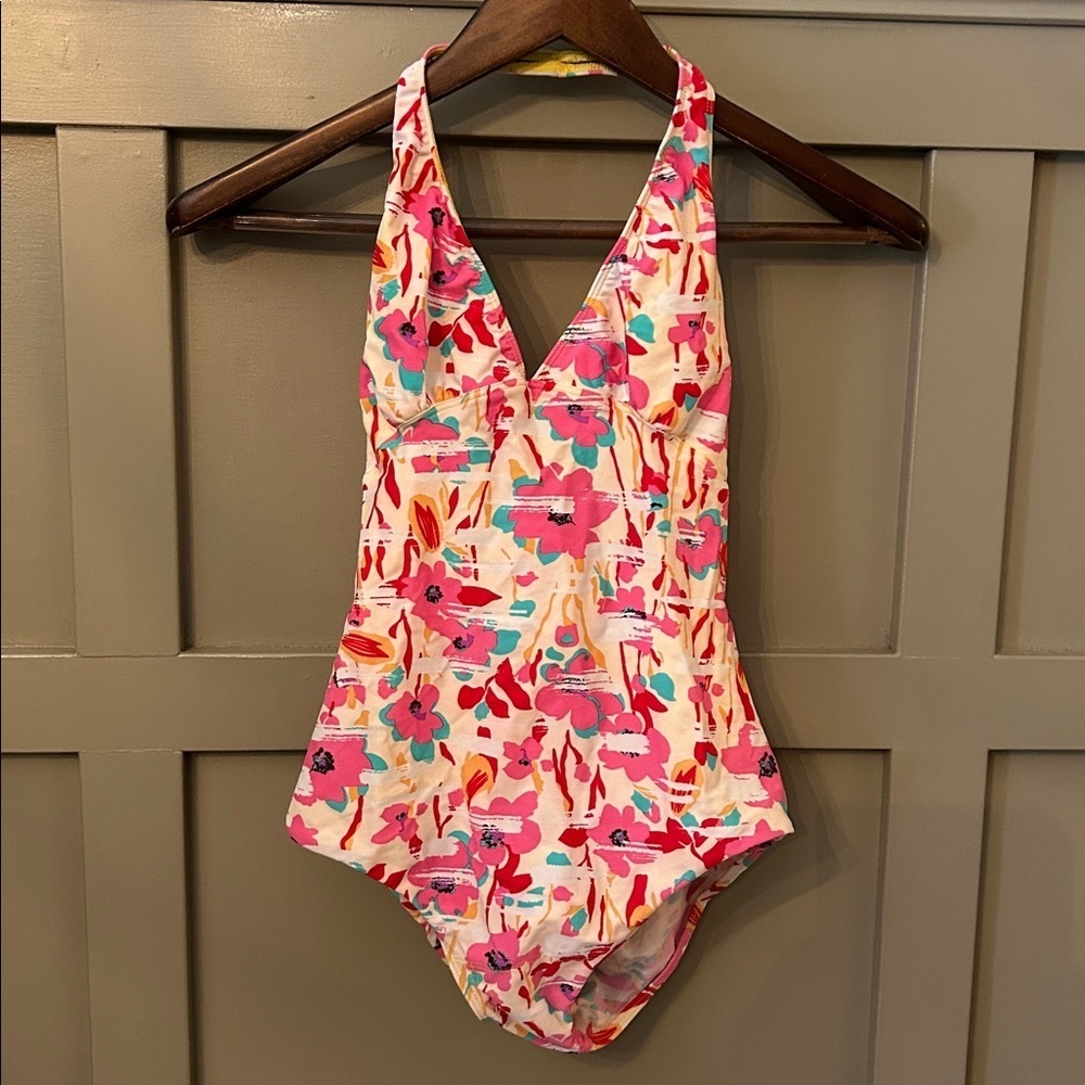 Sula Yoga Halter Leotard One Piece Yellow Pink Floral Size Medium